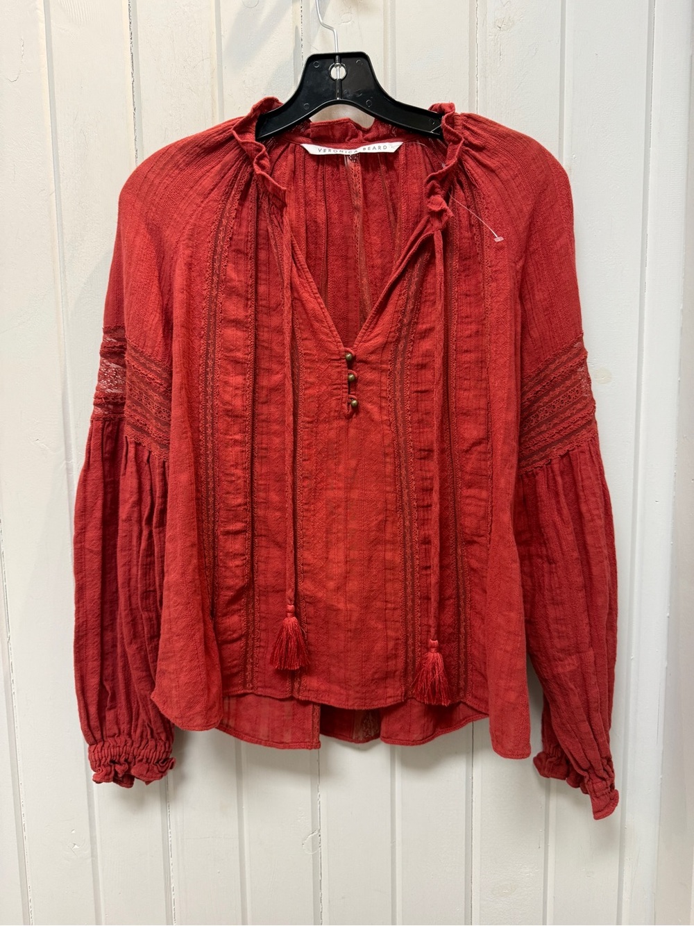 Veronica Beard Kalina Red Peasant Blouse with Tassel Tie